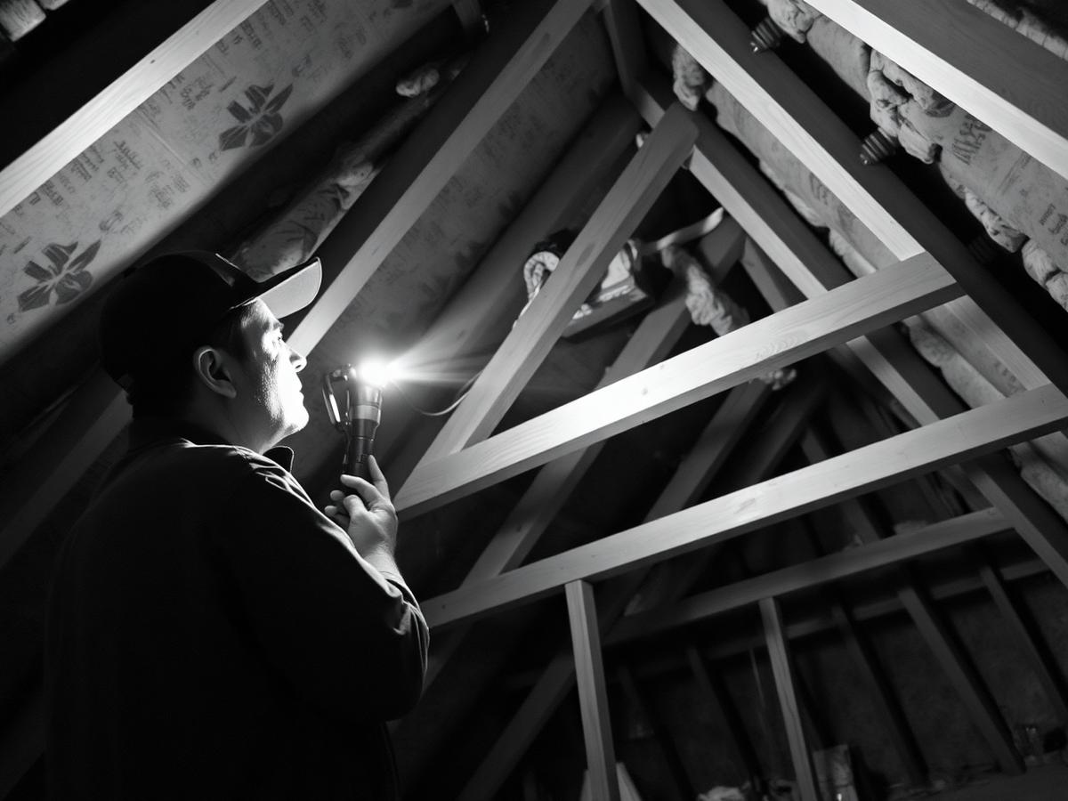Inspector using a flashlight to check attic insulation and roof framing